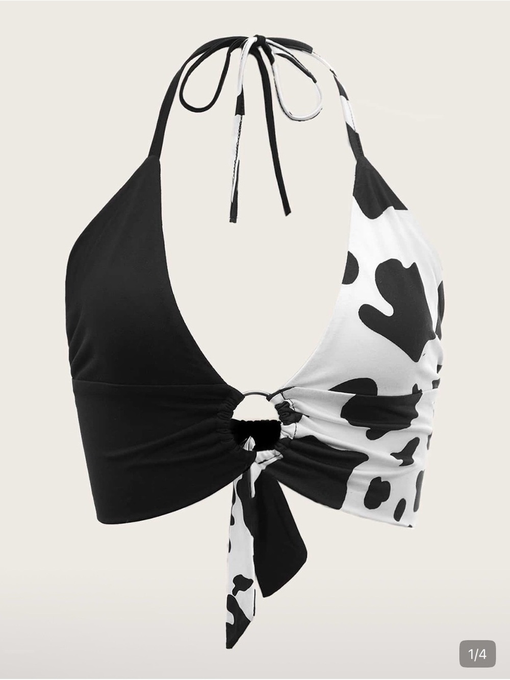 Black and White Cowprint Halter Tie-Front Crop Top